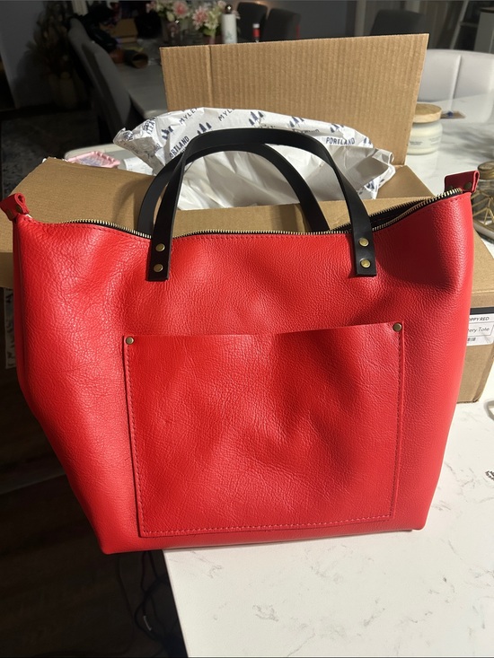 portland leather goods Handbags - Bright Red Tote with Black Handles and Front Pocket